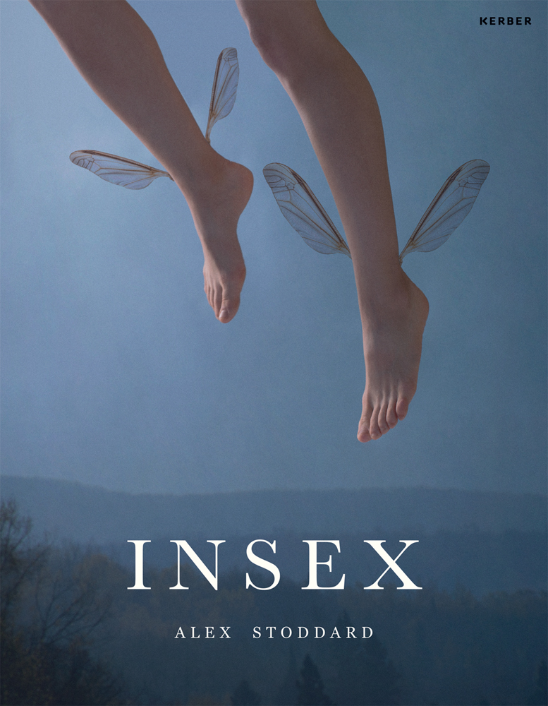 Blue landscape with cropped image of two lower legs with delicate lacy insect wings superimposed to the ankles with Insex Alex Stoddard below in white font