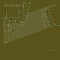 Architectural aerial house plan in white on khaki cover, MY HOUSE in small lime green font to lower right