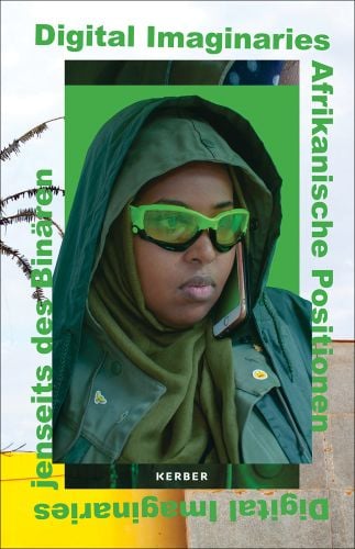 Head shot of African girl in lime green glasses, green head scarf and waterproof hood with Digital Imaginaries in green font above