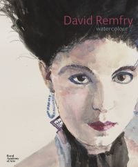 Watercolour head shot of woman with glam punk style hair and make up, David Remfry watercolour in pink and light blue font above