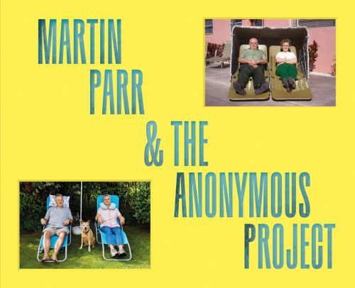 Two white couples lying on sun loungers, one with dog, on yellow landscape cover of 'Déjà View, Martin Parr x The Anonymous Project', by Hoxton Mini Press.