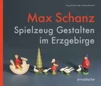 Collection of wooden toys; rocking horse and rider; tree; geese; and man and women, with Max Schanz in red font above
