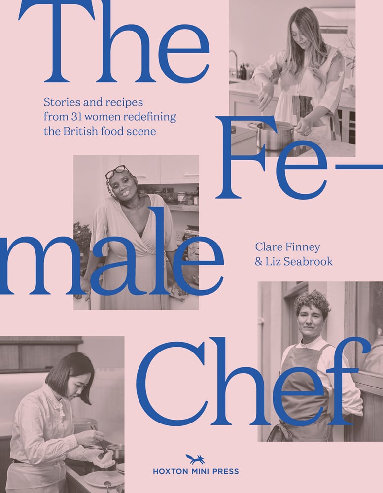 Andi Oliver in chef whites, on pale pink cover of 'The Female Chef, Stories and recipes from 31 women redefining the British food scene', by Hoxton Mini Press.