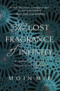 Black cover with bluey green geometric patterns, diagonal light shaft from top left, The Lost Fragrance of Infinity in white font to centre