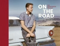 Pale blue American car with fins, white male resting against trunk, on landscape cover of 'On the Road, Vintage photographs of people and their cars', by Hoxton Mini Press.