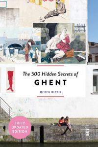 Two figures sitting on canal wall in front of white building with paintings of people in city landscapes and The 500 Hidden Secrets of Ghent in black font on white banner