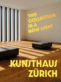 Two low black seats on pine flooring with shafts of light bursting through museum window slats with The Collection in a New Light Kunsthaus Zürich in bright yellow font