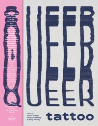 Book cover of Queer Tattoo, with wavy blue font. Published by Verlag Kettler.