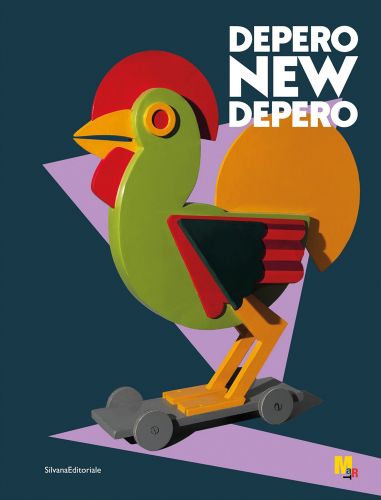 Wood sculpture of green chicken with red red crest, orange tail, on grey wheeled platform, DEPERO NEW DEPERO in white font to top right.