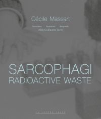 Blurred grey image of child's hand near Lego brick, SARCOPHAGI RADIOACTIVE WASTE in pale blue font to lower half