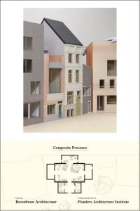 Architecture house model, on white cover, building plans on cream banner below, Composite Presence in black font