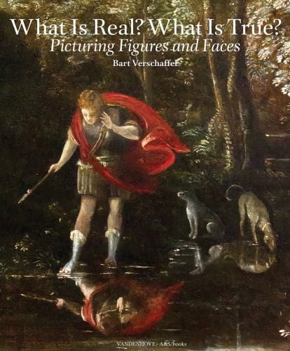 Male Knight with red cape, peering down at reflection in lake, 2 dogs behind him, What is Real? What is True? Picturing Figures and Faces in white font above.