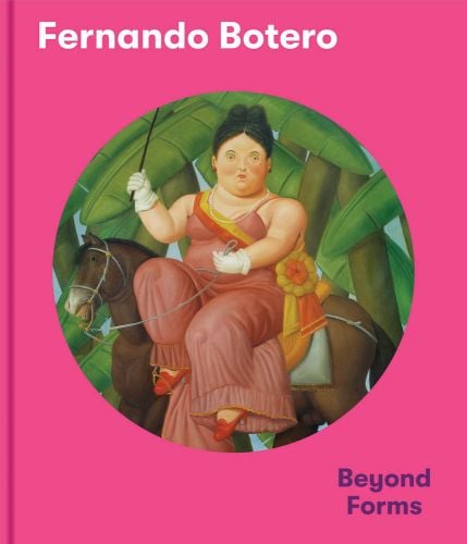 1989 painting First Lady by Fernando Botero, female on horseback, on pink cover, Fernando Botero in white font above