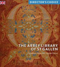 Orange, ochre and blue Celtic style tapestry, 'The Abbey Library of St Gallen', in white font to lower right.