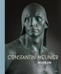 Bronze sculpture of figure with thin cloth draped on head, black cover, Constantin Meunier in cream font to bottom edge