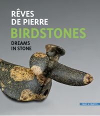 Dark stone bird like sculpture on grey background with Rêves de pierre Birdstones Dreams in stone in white green and black font above