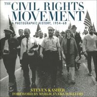 Book cover of The Civil Rights Movement: A Photographic History, 1954-68, featuring Martin Luther King leading a group of protesters with American flags. Published by Abbeville Press.