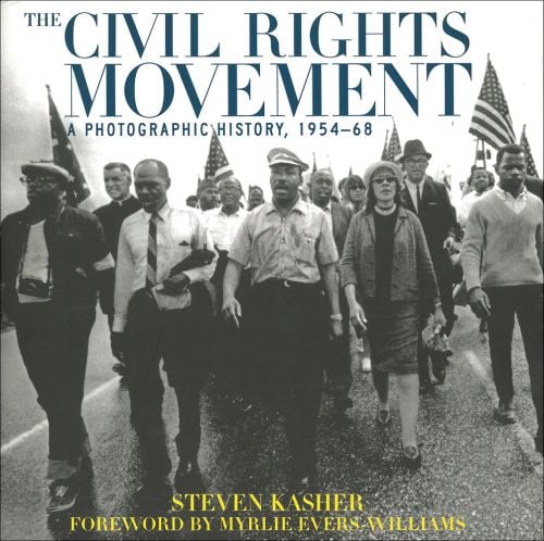 Book cover of The Civil Rights Movement: A Photographic History, 1954-68, featuring Martin Luther King leading a group of protesters with American flags. Published by Abbeville Press.