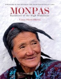 Head and shoulder shot of Monpa tribal woman gazing happily to her left in front of white wall, Monpas in large red font above