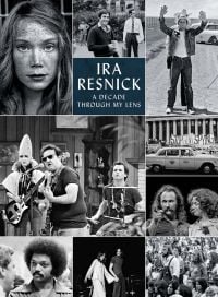 Montage of black and white photos including actress Sissy Spacek, music festival crowds and music performers with Ira Resnick A Decade through My Lens in white font