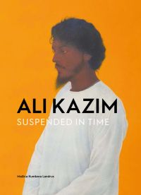 Painting of dark skinned man with pointed beard in white smock on bright yellow-orange background with Ali Kazim in black font in centre