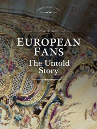 Close up edge of decorative hand fan, purple, blue and gold, European Fans The Untold Story in white font to centre