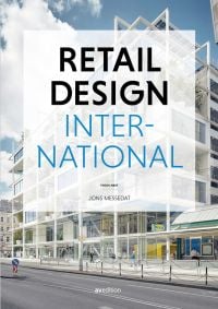 Modern retail building and road, RETAIL DESIGN INTERNATIONAL VOL. 7 in black and blue font on white transparent centre square
