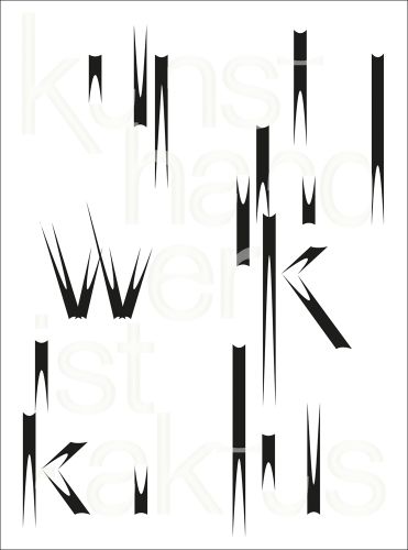 Two pronged black shapes on white cover of 'Kunsthandwerk ist Kaktus', by Arnoldsche Art Publishers.