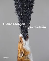 Stuffed head of ginger fox looking vertically up with mouth open and black feather-like material shooting out with Claire Morgan Joy in the Pain in white font