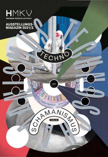 Book cover of Technoshamanism, HMKV Ausstellungs-magazin 2021/3, with man in white robot suit kneeling near street light. Published by Verlag Kettler.
