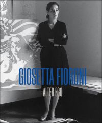 Italian painter Giosetta Fioroni in black dress, arms folded, next to a female portrait painting, 'GIOSETTA FIORONI, ALTER EGO', in blue and grey font below.