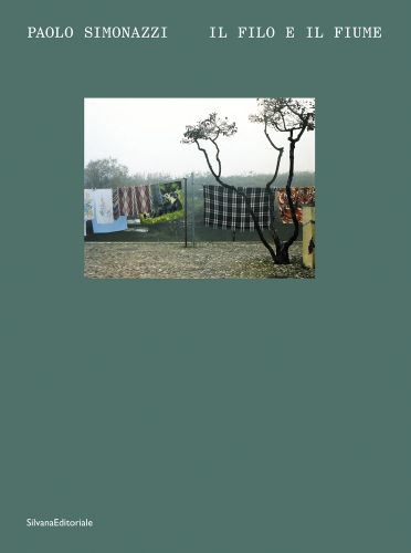 Patterned sheets of fabric hanging on washing lines, single tree, on sage green cover, Paolo Simonazzi in white font to upper left.