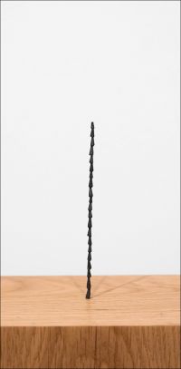 Artist Shilpa Gupta's sound installation exhibition featuring a tall metal spike on wood plinth.