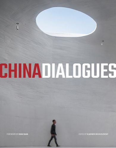 Figure walking inside building with oval hole in roof, CHINA DIALOGUES in red and white font to centre, by ORO Editions.