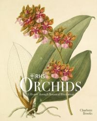 Botanical illustration of pink spotted orchid foliage and root, on cream cover; RHS Orchids Charlotte Brooks in white by ACC Art Books.