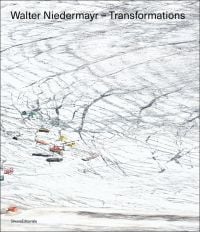 Land covered in cracked snow and ice with small boats and ships floundering on surface with Walter Niedermayr - Transformations in black font above