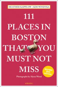 Raspberry cover with 111 Places in Boston That You Must Not Miss in white font with image of bronze duck and duckling near centre