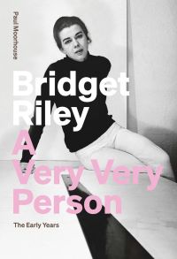 Bridget Riley sitting on a table, 'Bridget Riley: A Very Very Person', in white, and pink font to left side, by Ridinghouse.