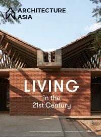 Book cover of Architecture Asia: Living in the 21st Century, with a brick building with exposed wooden roof structure. Published by Images Publishing.
