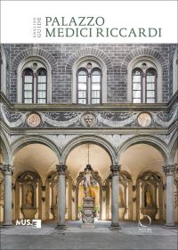 Book cover of Palazzo Medici Riccardi, with the courtyard of the Palazzo Medici Riccardi, marble sculpture of Orpheus with three-headed dog Cerberus. Published by Officina Libraria.