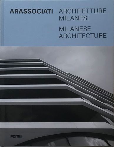 High rise architectural building with window boxes of trailing foliage and courtyard with green trees, on cover of 'Arassociati Milanese Architecture', by Forma Edizioni.