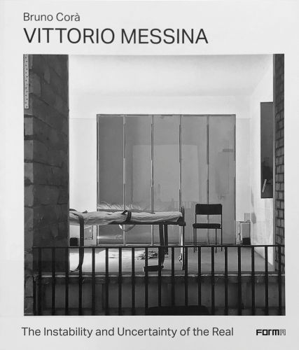 Art installation: single bed with leather straps, on cover of 'Vittorio Messina', by Forma Edizioni.