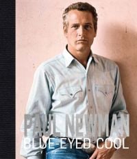 Paul Newman looking chilled in pale blue shirt and jeans, Paul Newman Blue-Eyed Cool in silver and white font below
