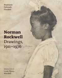 Half length delicate profile sketch of young black child in white dress and bow in hair with Norman Rockwell: Drawings 1914-76 in black on left side