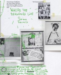 White wall taped with black and white photographs, annotated notes in bright green, WHERE THE DRAWINGS LIVE Serena Ferrario in green font to upper left.