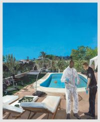 Police officer and man in forensic suit standing near residential swimming pool, basketball hoop above, with deck chairs behind, by Kerber.