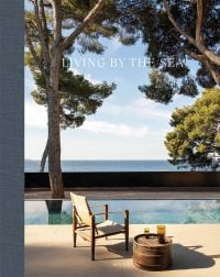 Chair and barrel table with drink on top, swimming pool, sea view behind, tall trees either side, on cover of 'Living by the Sea', by Beta-Plus.