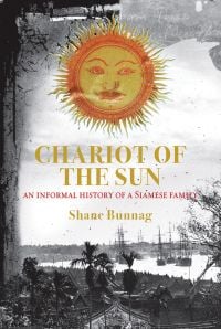 Bangkok landscape, with boats on river, palm trees below, bright orange and gold sun motif above, CHARIOT OF THE SUN in gold font to centre.