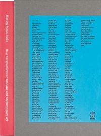 List of artists in black font on blue page, mounted on grey cover of 'Moving Focus', India, by ACC Art Books.