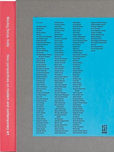 List of artists in black font on blue page, mounted on grey cover of 'Moving Focus', India, by ACC Art Books.